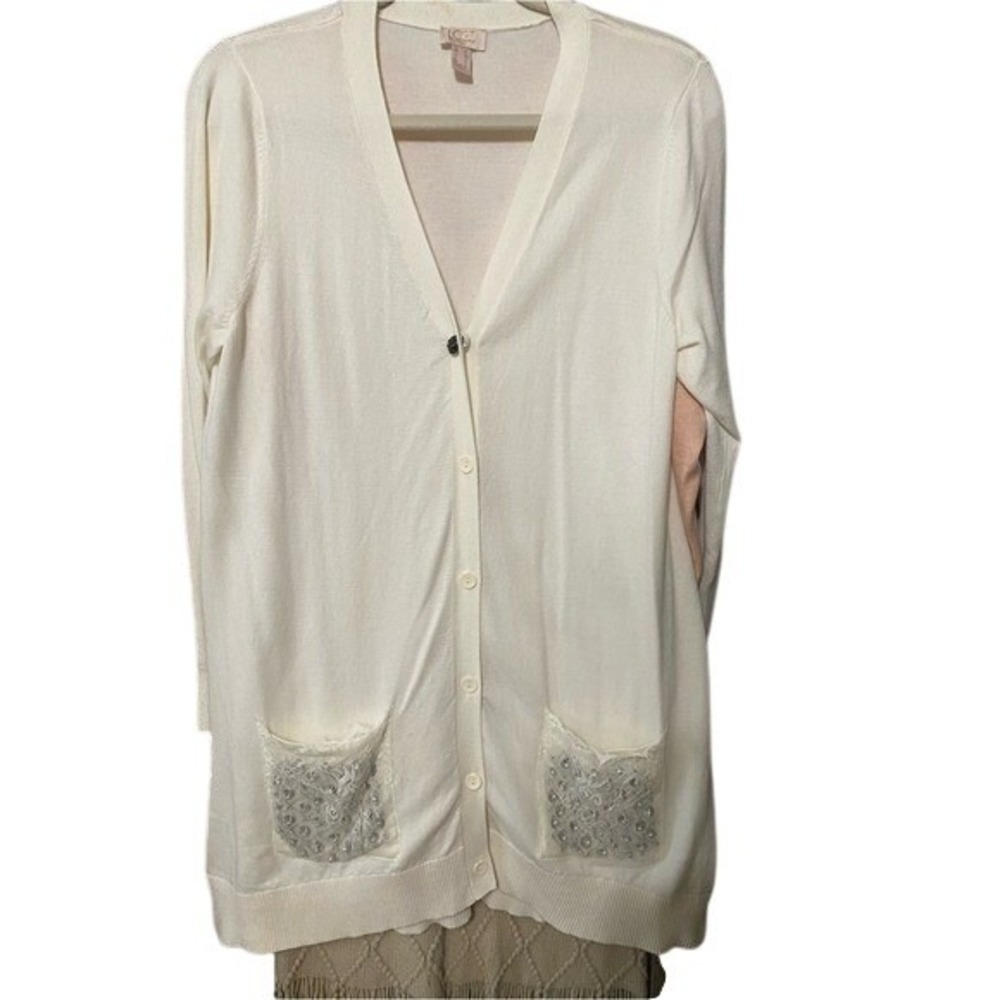Logo Lavish Ivory Knit Cardigan Sweater Women's Medium Pearl Lace Pocket-Button
